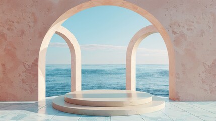 Obraz na płótnie Canvas Summer scene with geometrical forms, an archway with a podium in natural daylight. Sea view. 3D rendering background.
