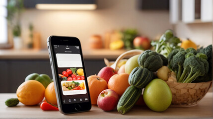 Online cookbook and shopping list through mobile app marketplace. Phone with lunch recipe and ingredients on the screen on the kitchen counter. Modern domestic lifestyle.