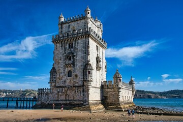 Belem tower (Tower of Saint Vincent) by the sea in Lisbon, Portugal