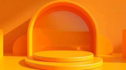 An orange background with a glass arch and display podium is decorated with circles.