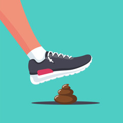 Step on poop. Man steps on shit. Sneakers on foot. Unpleasant surprise, unexpected problems. Shit happens. Vector illustration flat design. Isolated on white background.