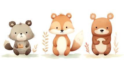 Little brown bear, little fox, little chipmunk, little bunny, children's book illustration style сreated with Generative Ai