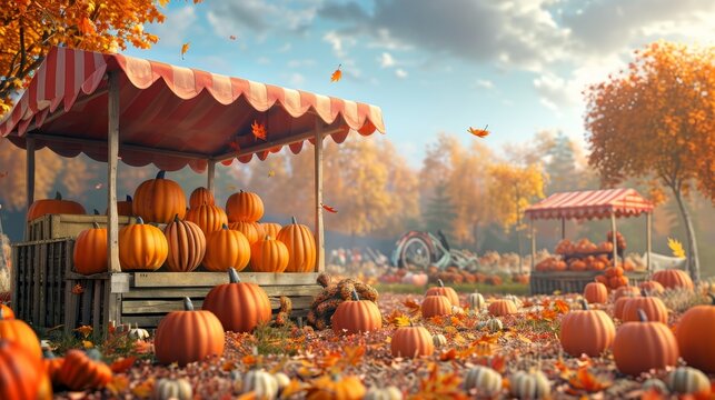 3D rendering background with an abstract autumn landscape scene including a product stand and pumpkins.