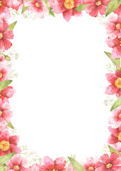 Floral frame, template for greeting card or wedding invitation. Watercolor vertical border with pink flowers