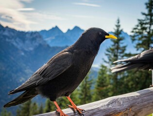 Red-billed chough perching on wood