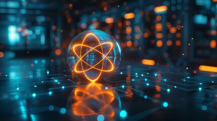 Atom, the smallest constituent unit of ordinary matter that has the properties of a chemical element. atom icon, neon chemistry, digital learning era background - obrazy, fototapety, plakaty