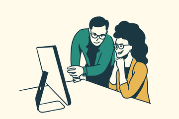 Man and woman working together and explaining and pointing computer moniter concept vector drawing