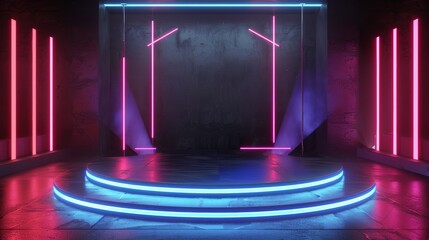 3D rendering of an abstract futuristic technology background with black stage and neon light.