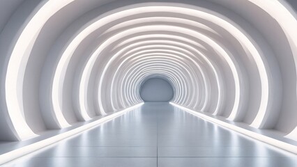 Empty white neon studio with futuristic corridor render modern interior silver wall. 
