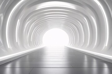 Empty white neon studio with futuristic corridor render modern interior silver wall. 