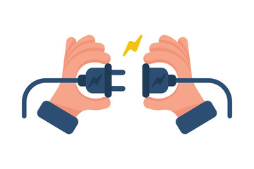 Business connection concept. Partnership. Vector illustration flat design. Businessmen connecting hold plug and outlet in hand, isolated on background. Cooperation interaction.