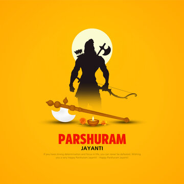 Design for Happy Parshuram Jayanti,an Indian festival with mediavel axe of Lord Parshuram and flag. Beautiful typography