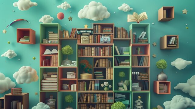 The poster depicts an illustrated bookshelf with cubes representing different worlds of stories and knowledge, including outer space, oceans, and wild life.