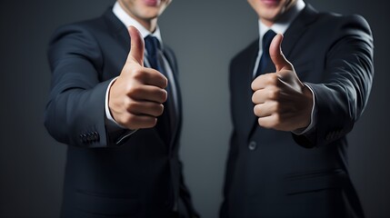 Two businessmen giving a thumbs up showing approval. Dark background.