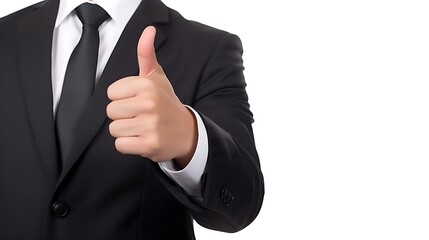 Close up of successful business man giving a thumbs up showing approval. Isolated on white background.