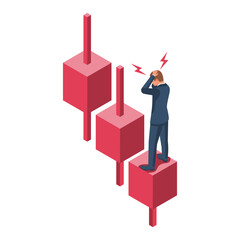 Recession concept. Falling market. The trading broker is horrified at the falling market. Financial graph down. Vector illustration isometric design.