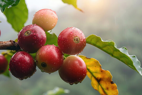 A close-up of a coffee cherry growing on a tree, showing its deep red color and smooth, shiny skin