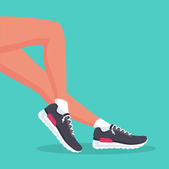 Female legs in sneakers. Women's slender feet. Beautiful woman in stylish shoes. Vector illustration flat design. Isolated on white background.