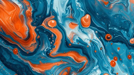 Abstract marbling oil acrylic paint background illustration art wallpaper - Orange blue color with liquid fluid marbled paper texture banner painting texture