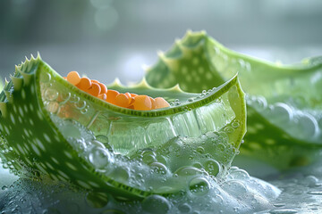 A close-up of a cross-section of an aloe vera leaf - obrazy, fototapety, plakaty
