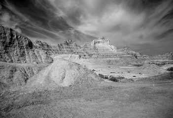 Black and white shot of geological formations in a deserted area in South Dakota