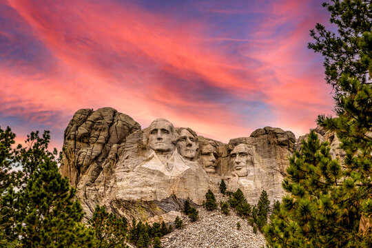 Scenic view of Mount Rushmore National Memorial in the Black Hills region, South Dakota at sunset