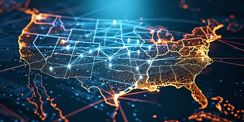 usa map and point illuminating in digital network light , United States of America , global network connection concept , internet - obrazy, fototapety, plakaty