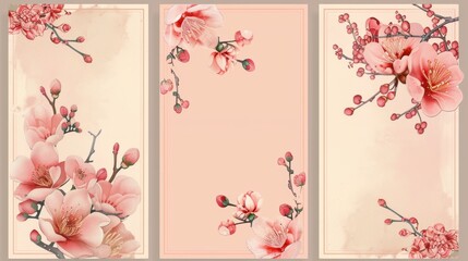 An elegant pink floral square template set featuring plum and camellia flowers.