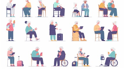 Senior people element set with flat style. Scenes of elderly using electronic devices for tasks such as getting deliveries, seeking medical care, and staying connected with family. - obrazy, fototapety, plakaty