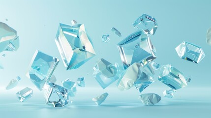 Glassmorphism plate, geometric shapes floating on a light blue background.