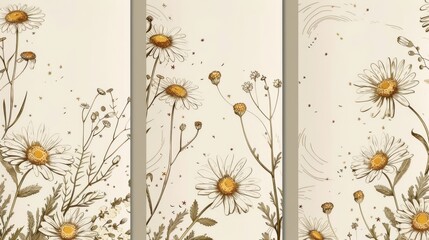 Floral brochure template set with chamomile engraving.