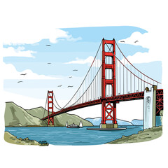 Golden Gate Bridge. Golden Gate Bridge hand-drawn comic illustration. Vector doodle style cartoon illustration