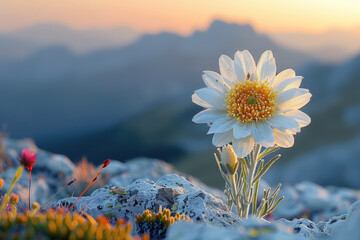 An edelweiss flower in full bloom, showing its delicate petals and fuzzy white hairs - obrazy, fototapety, plakaty