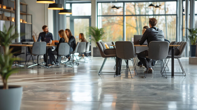 Business people sitting at tables in a modern cafe