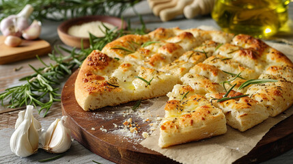 Round Italian focaccia bread with rosemary and garlic on wooden plate