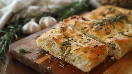 Italian focaccia bread with rosemary and garlic on wooden plate