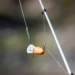 Closeup shot of a fishing rod bait hanging from the line