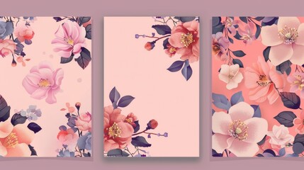 Template set with pink camellias and plum flowers in a square format
