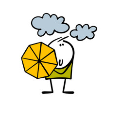 Funny cute stickman hides behind an umbrella from the rain. Vector illustration of a boy, clouds and bad weather. Cloudy sky with autumn weather. Isolated cartoon character on white background.