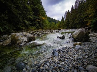 Cascade falls river with rocky banks surrounded by beautiful  forest in British Columbia