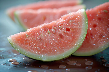 A close-up of a slice of watermelon, showing its vibrant red flesh and black seeds