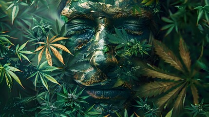 Cannabis Foliage Pattern Forming Mystical Face in Lush Green Vegetation Backdrop for World Cannabis Day - obrazy, fototapety, plakaty