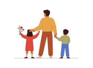 Nurturing dad and children stand together. Parental support and care about kids. Fatherhood concept for Father's Day celebration. Vector illustration