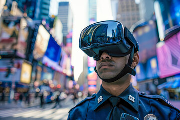 A black policeman portrait close up, wearing virtual reality goggles, ensures street order during duty.