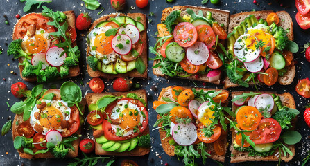 Various healthy sandwiches flat lay with tomatoes, avocado,eggs, herbs, spinach, arugula on dark background, top view - 781985869