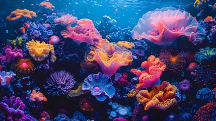 Fototapeta na wymiar Captivating Coral Reef Ecosystem in Vibrant Neon Hues:An Underwater of Nature's Breathtaking Beauty