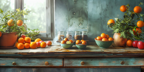 Still life with fresh organic oranges on rustic table with bowls, jars and window