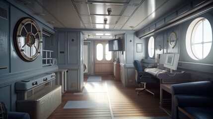 Fototapeta premium Design of a cozy living room interior in a modern marine style. AI generated.
