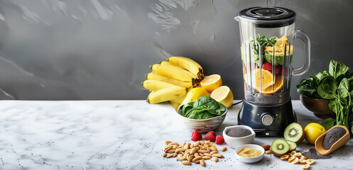 Healthy smoothie preparation with mixer or blender on kitchen table with fruits and vegetables ingredients. Banner - 781986076