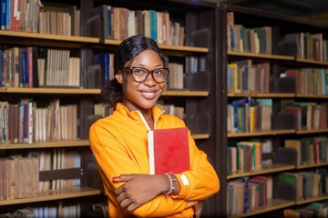 Black female student holding a red book and standing in the college library